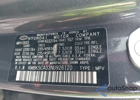 2022 Hyundai Kona Limited z USA, uszkodzony, nr VIN KM8K5CA33NU926120